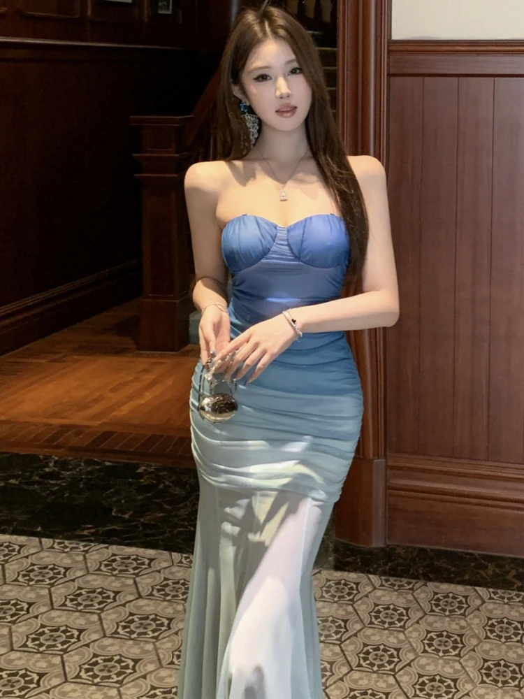 Sexy Gradient Blue Casual Vacation Style Dress for Women Socialite Sweet Strapless Sheer Mesh Fishtail Robe Party Club Vestidos