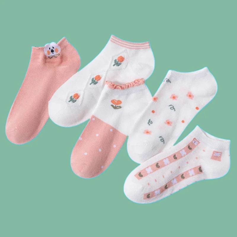 5/10 Pairs Pink Light Mouth Socks Breathable Boat Socks Low cut Comfortable High Quality New Women's Spring Cute Short Socks