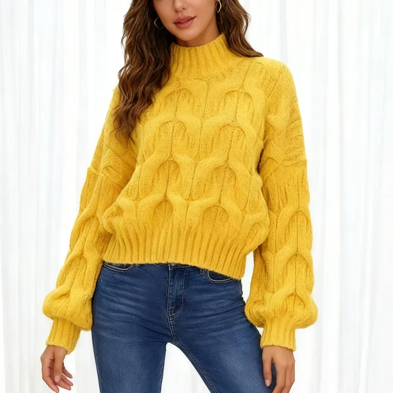 

Autumn Winter New Chic Lantern Sleeve Women's Pullovers Turtleneck Knitted Long Sleeve Sweater Casual Loose