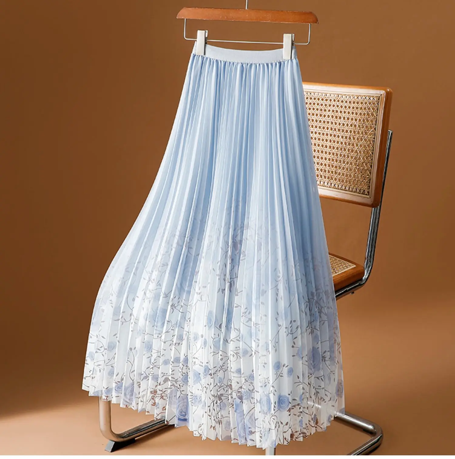 Printed Mesh Skirts For Women Summer New Floral Mesh Mid-Length Draped Pleated A-Line Long Skirt