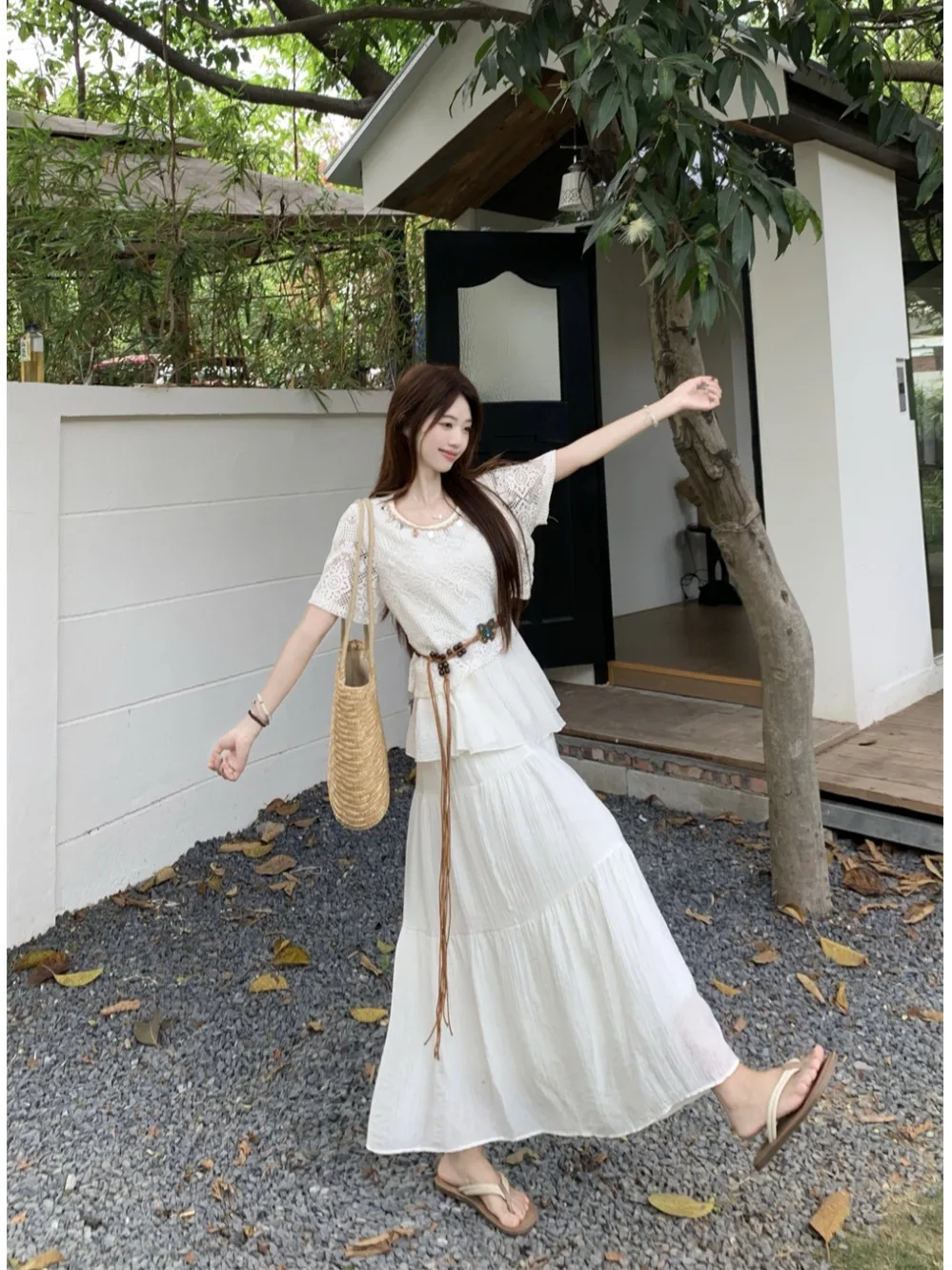 

Bohemian Style Hollow out Knitted Top And High Waist Skirt Two Piece Set Cake Skirt Boho Chic Women's Fashion Summer Outfit