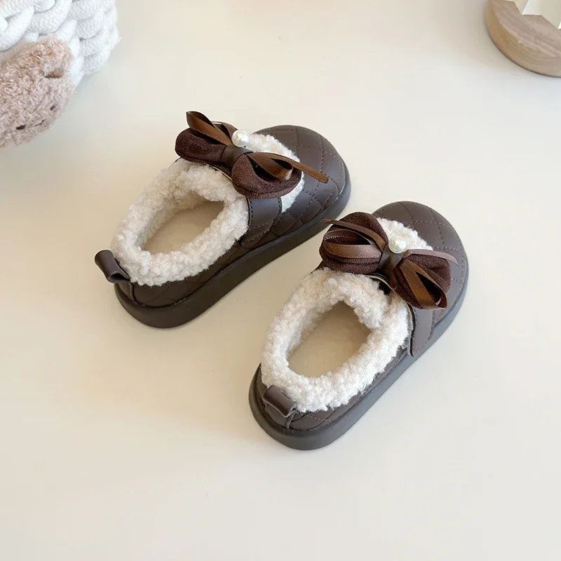 Toddler Girls Quilted Winter Cotton Shoes, Bow Pearl Decor Fuzzy Fleece Lined Hook‑Loop Soft Warm Casual Shoes