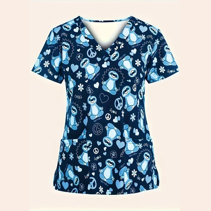 Women's Cartoon Print Medical ApparelTShirt Summer micro-elasticityVShort-sleeved nursing top Beauty salon clinic work uniform