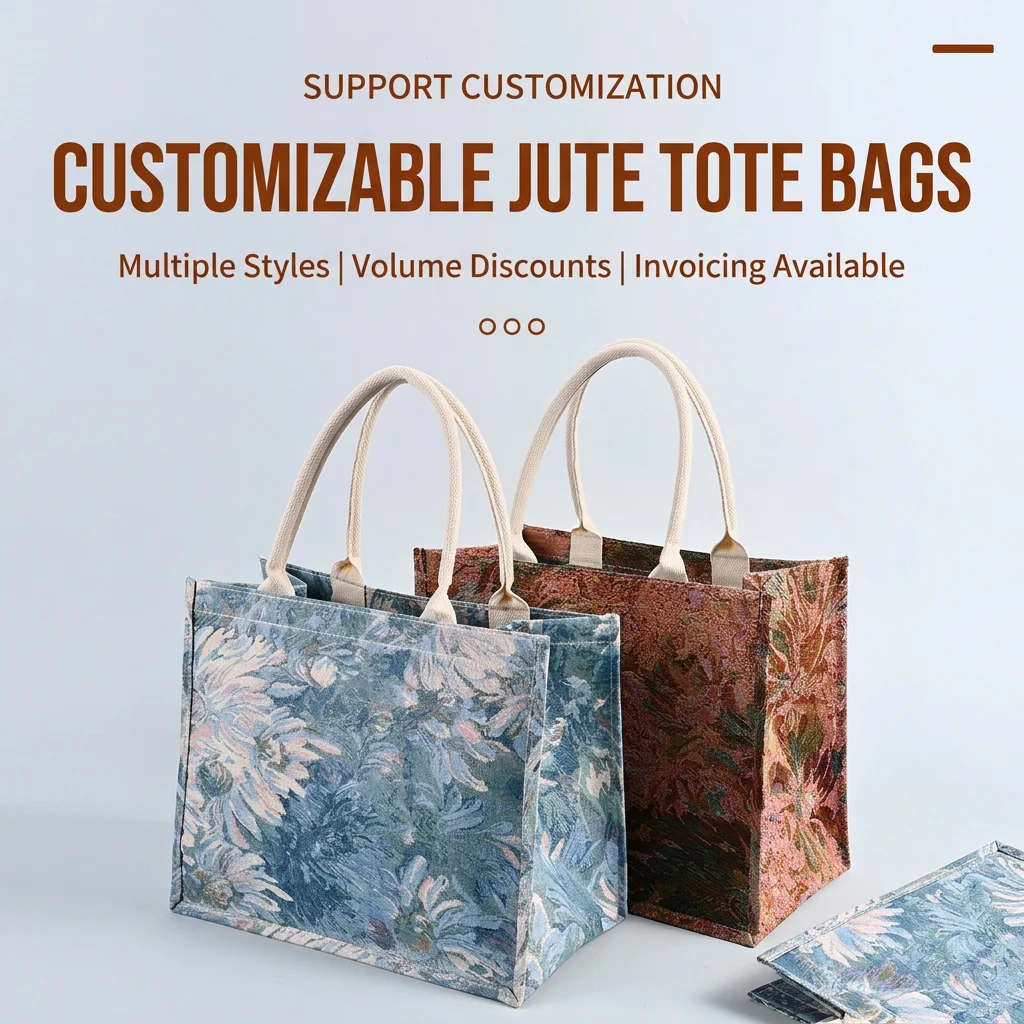 Vintage Monet Garden Embroidered Jute Tote Bag, Waterproof Reusable Linen Shopping Bag, Customizable Logo for Daily Shopping