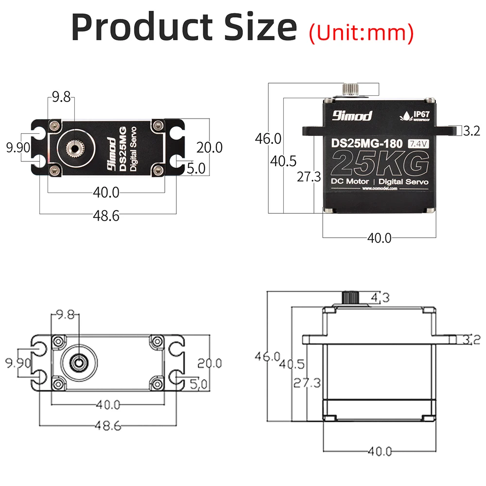 Servo impermeabile 9imod DS25MG da 25 kg 180 ° /270 °   Custodia interamente in alluminio con ingranaggio in metallo a coppia elevata per 1/8 1/10 1/12 RC auto/robot/barca fai da te