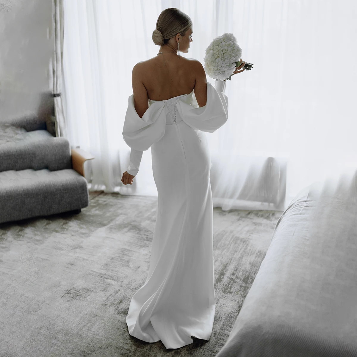 Off Shoulder Long Lantern Sleeves Satin Ivory Bridal Gowns Sheath Sweetheart Simple Matte Thick Crepe Corset Wedding Dress