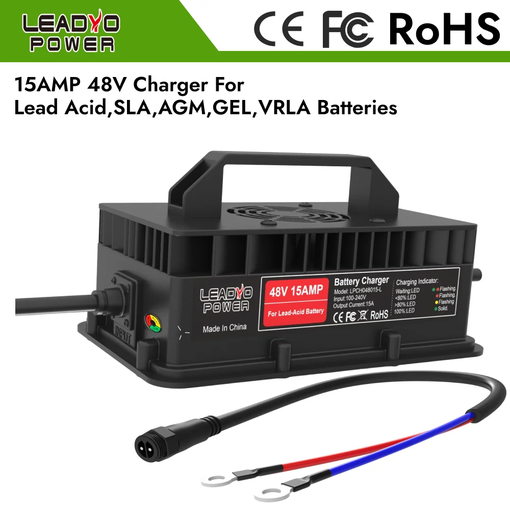 48V 15A Battery Charger for SLA AGM GEL VRLA Lead-Acid Batttery with M8 O-Type IP67 Waterproof 48 Volt 15 AMP Power Supply