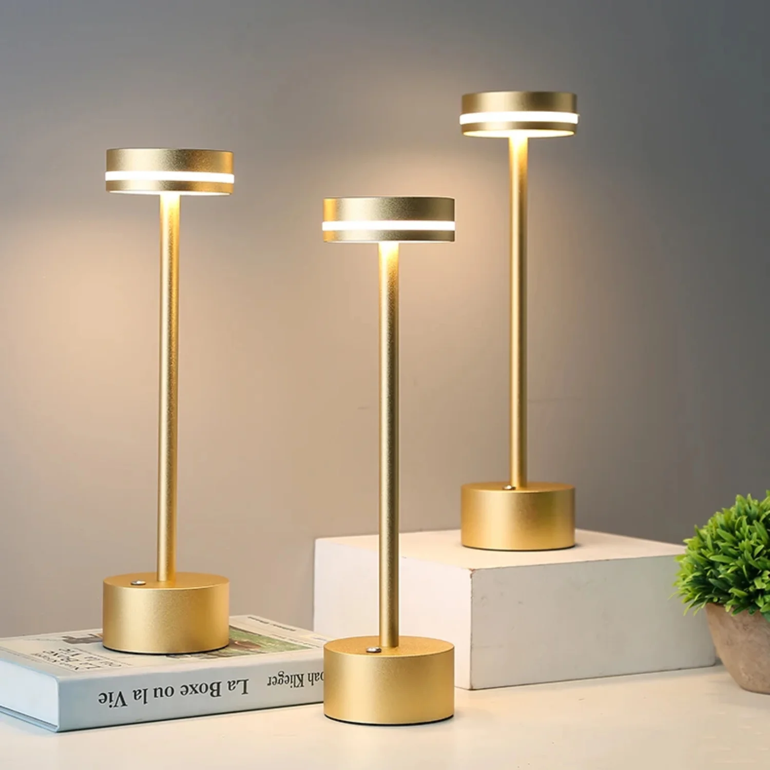 

LED table lamp rechargeable touch switch aluminum bedside bedroom three-color dimming restaurant atmosphere