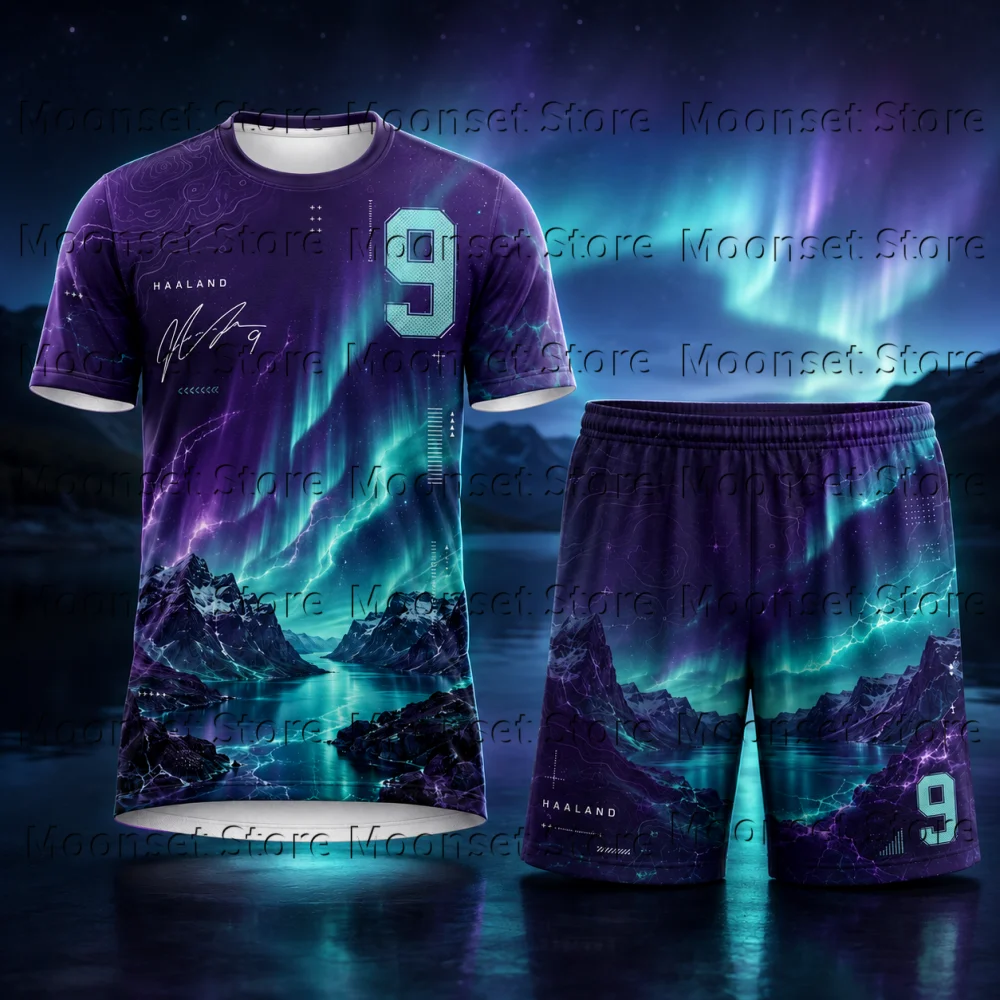 Purple Aurora Mountain Landscape Men Sports Suit Number 9 Short Sleeve T‑Shirt Shorts Casual Summer Athletic 2‑Piece Kids Outfit