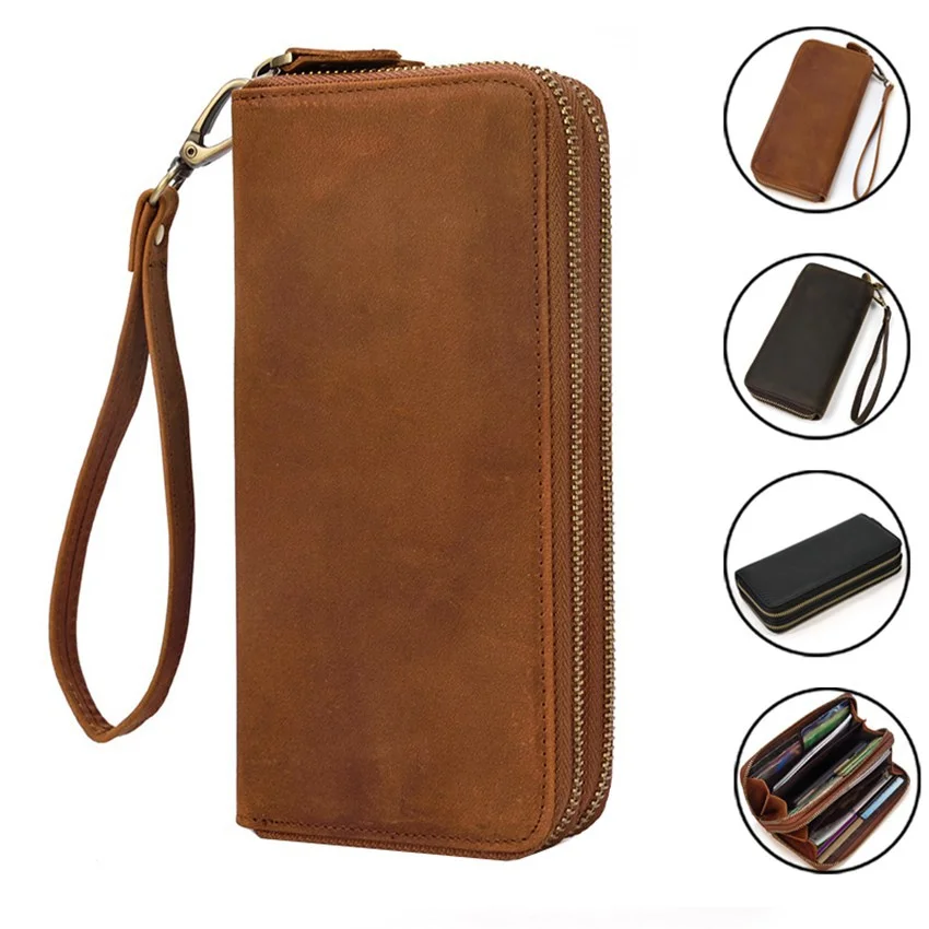 

Retro Men's Cow Leather Wallets Double Zipper Wallet Handbag Long Wallet Multifunctional Bank/ID Card Holder Wallet