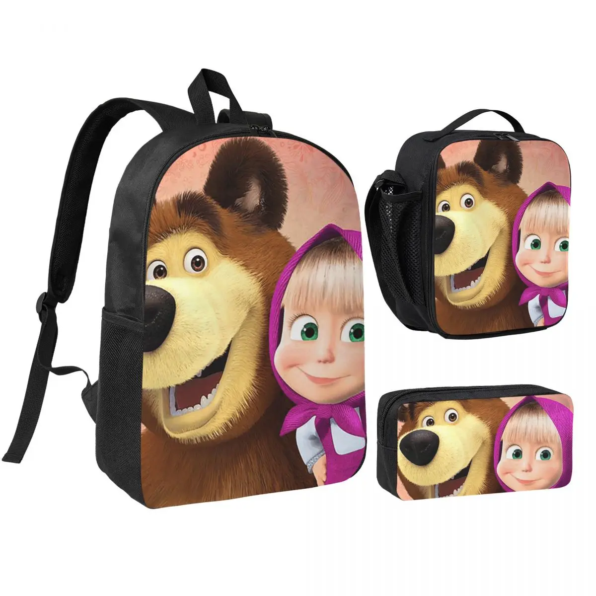 

Cartoon Masha And The Bears Backpack Boys Girls BookBag School Bag Shoulder Bags 3ps Insulated Lunch Bag Pencil Case