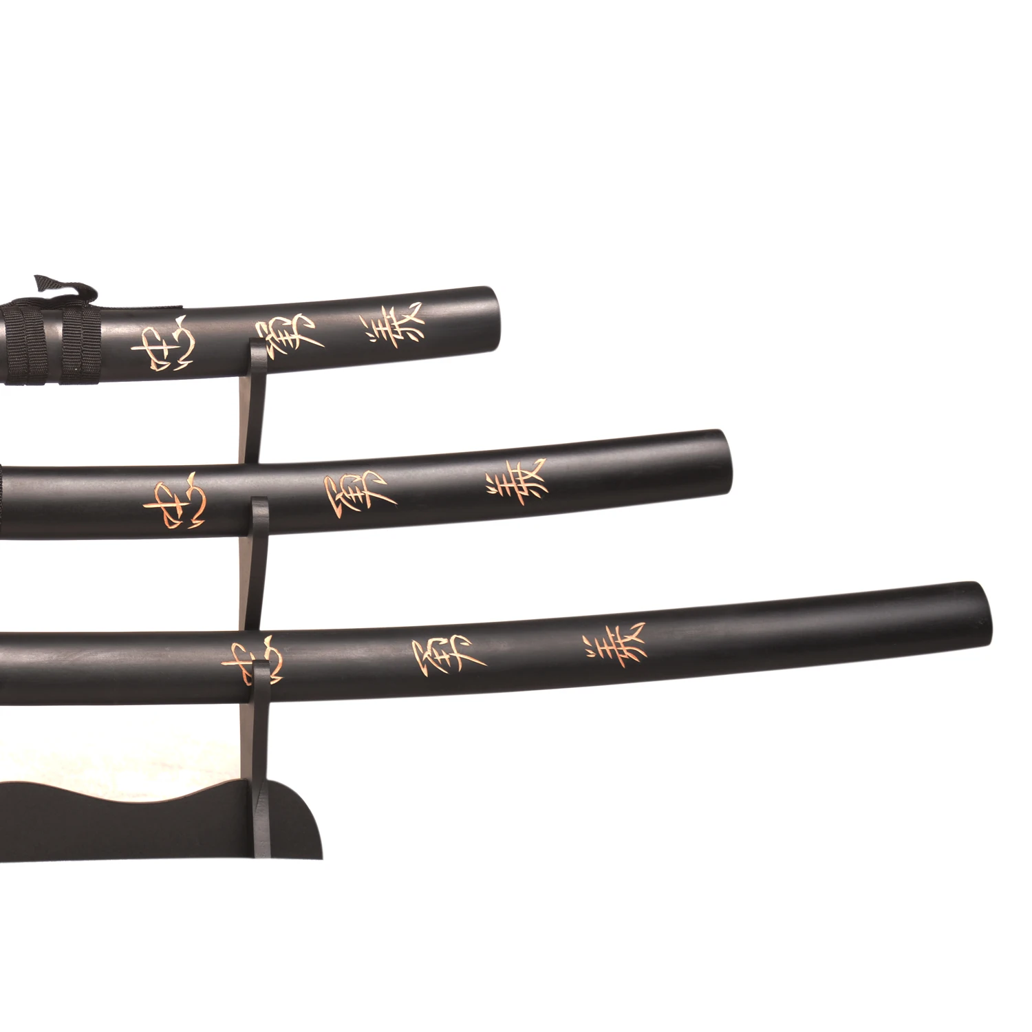 طقم سيف ساموراي أصلي مكون من 3 قطع مع حامل عرض من 3 طبقات - زخرفة "الولاء، العدالة، الشجاعة" المحفورة #3