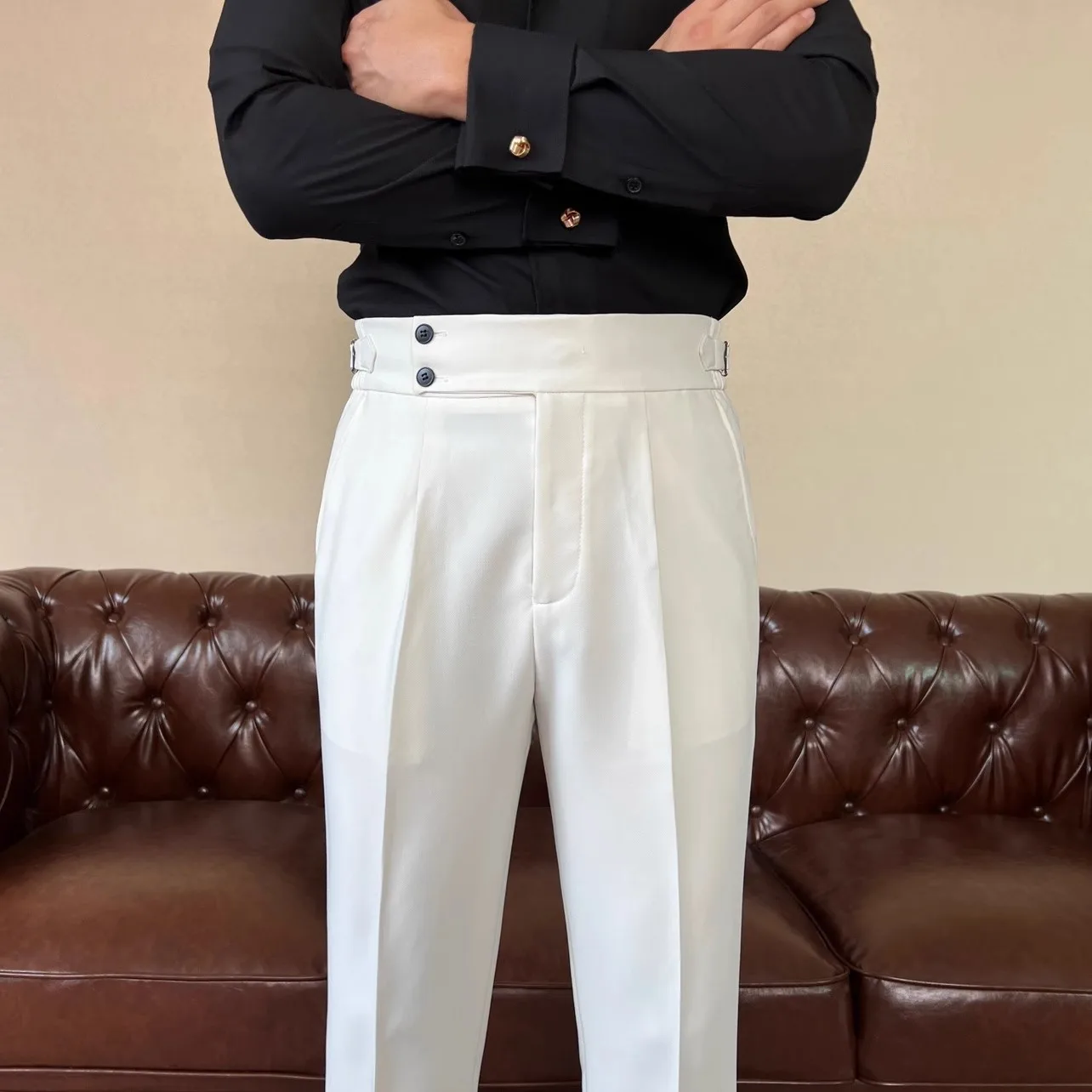 Men's Black White Solid Color Casual High Wasit Trendy Simple Basic Daily Formal Suit Pants Male Ankle Length Trousers Clothes