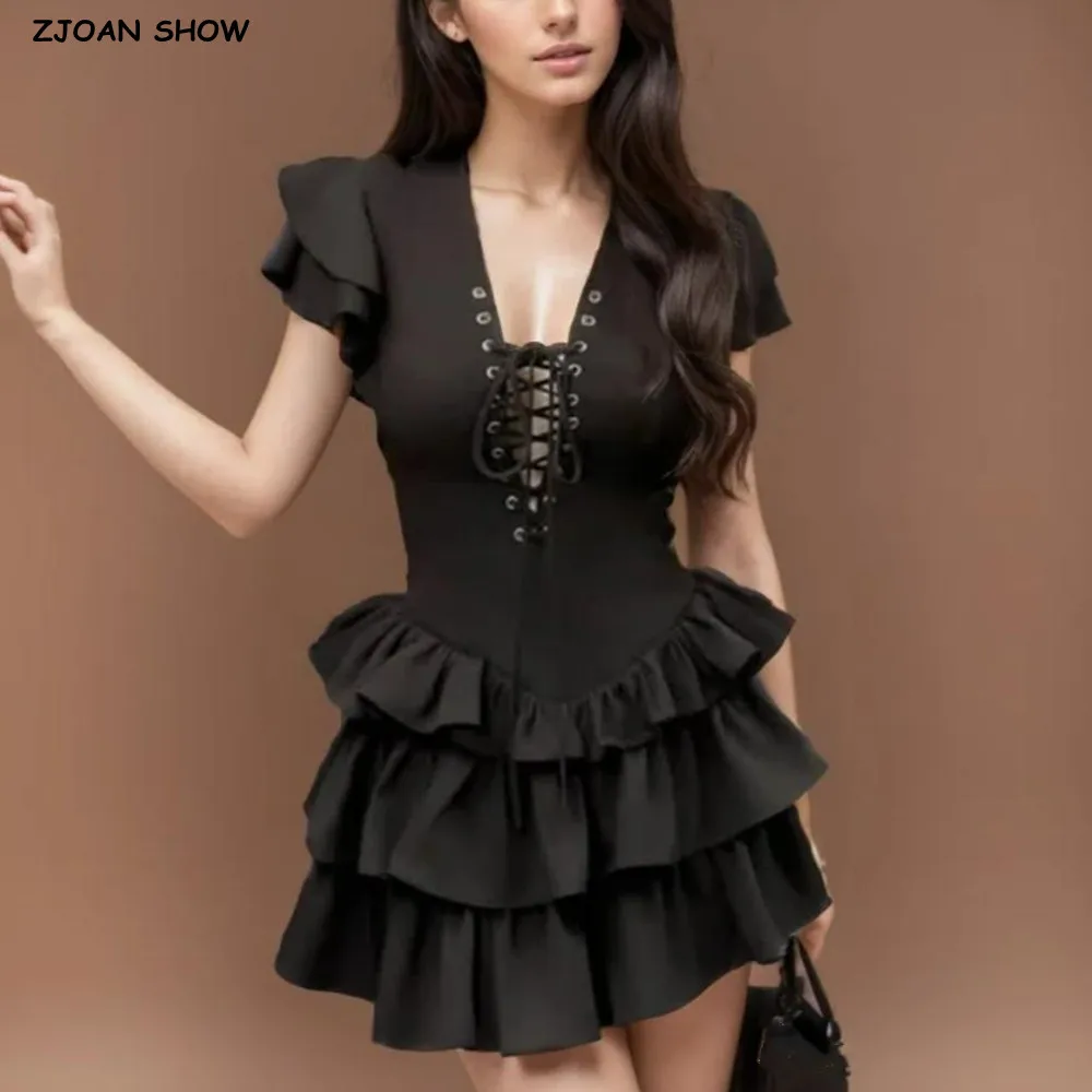 

2025 Sexy V neck Front Cross Lacing Up Bandage Bow Short Sleeve Dress Women Low Waist 3 Layers Ruffles Hem Cake Dresses Robe