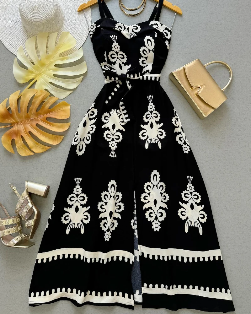

Women's printed striped sleeveless lace up detail vacation dress casual slit A-line Midi dress summer new women's clothing
