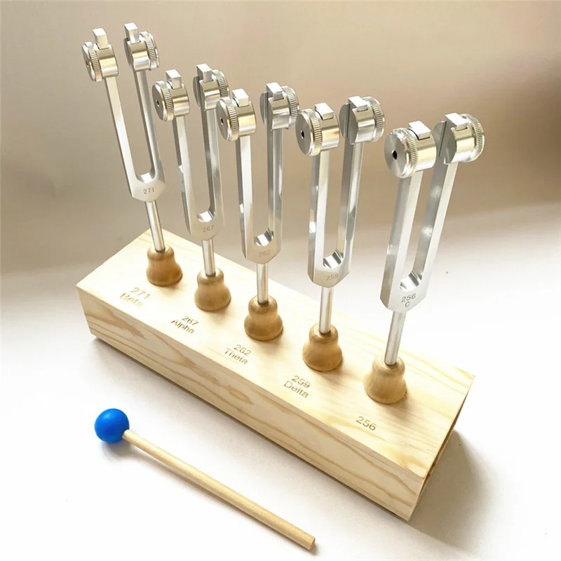 AA08-Brain Tuner 1Set Tuning Fork Set Of 5 For Delta Theta Alpha Beta With Wooden Voice Box For Sound Therapy
