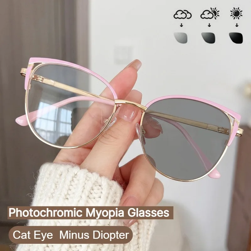 Women Cat Eye Photochromic Myopia Glasses Metal Frame Clear Lenses Color Changing with Sun Minus Diopter -1.0-1.5-2.0-2.5-3.5-4.