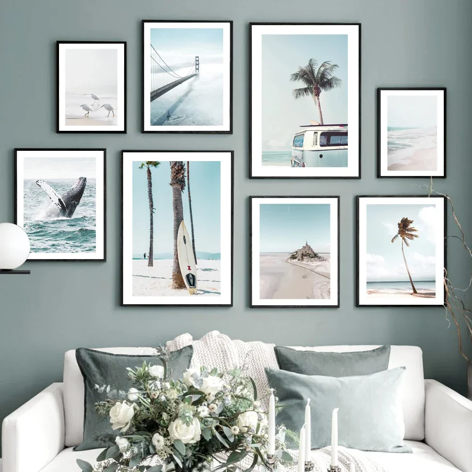 Egret Beach Surfboard Van Sea Whale Bridge Palm Tree Wall Art Mural Print Canvas Painting Poster Wall Picture Living Room Dec