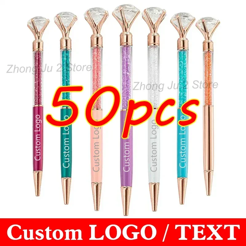 50pcs Crystal Diamond Pen Custom Logo Big Diamond Metal Ballpoint Pen Student Gifts Creative Advertising Pen Wholesale Lettering