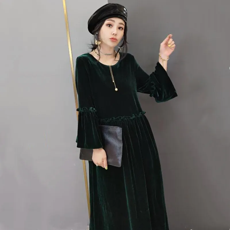 2024 High Quality Wrist Flare Sleeve Long Dress New Arrival Autumn Winter Velvet Dress Vestidos Party Dresses Wine Purple Black