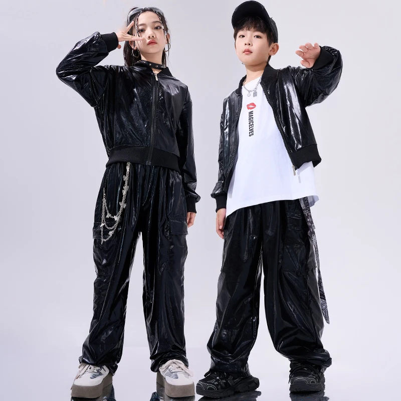 Moderne Hip-Hop-Tanz kostüm Kinder Jungen Street Dance Outfits schwarze Ledermantel hose Mädchen Mode Konzert Bühnen kleidung bl13725