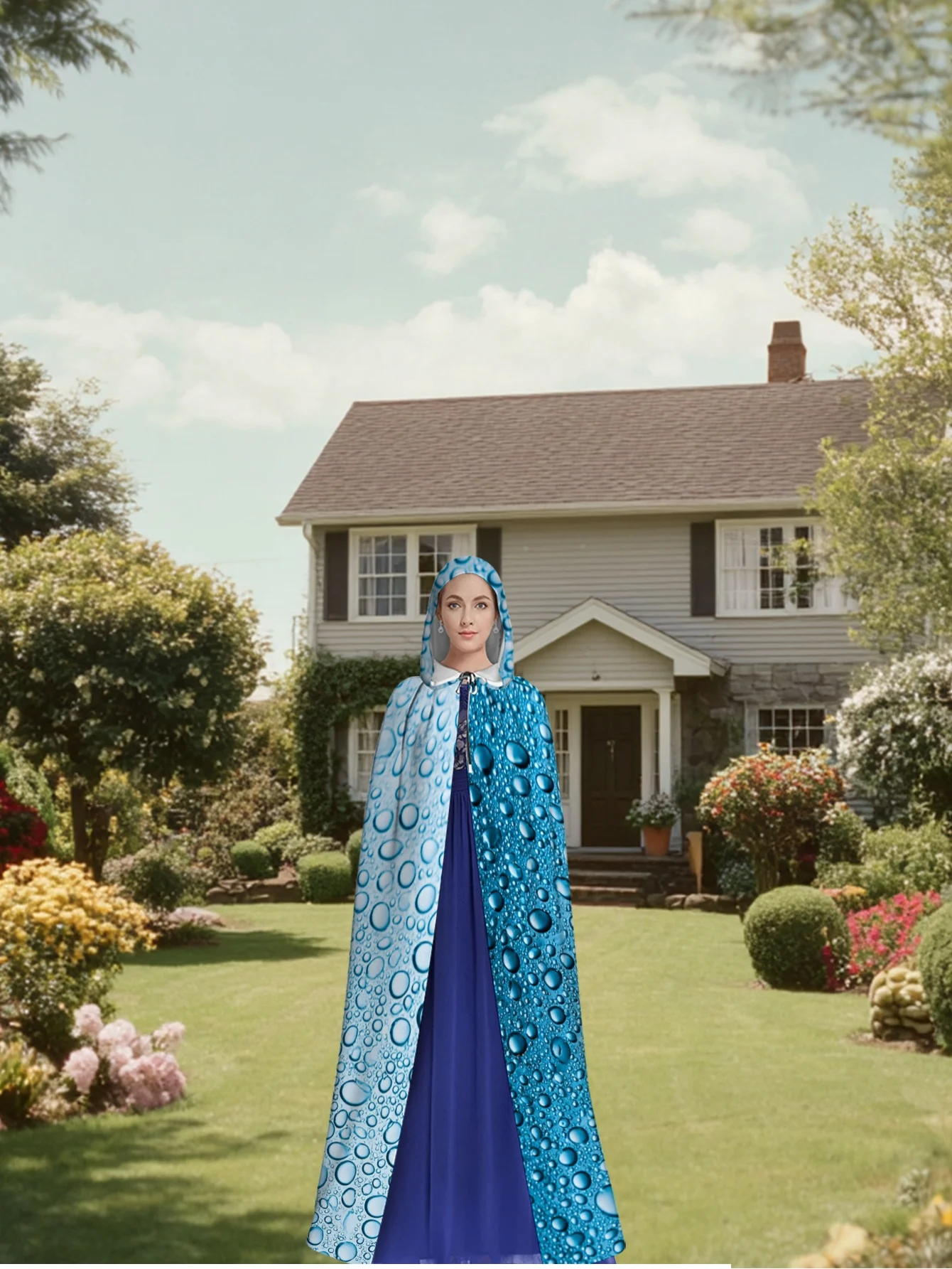1pc Must-Have Hooded Cape Full-Length Raindrop Blue Hooded Costume with Hood Polyester for Machine Washable for Halloween