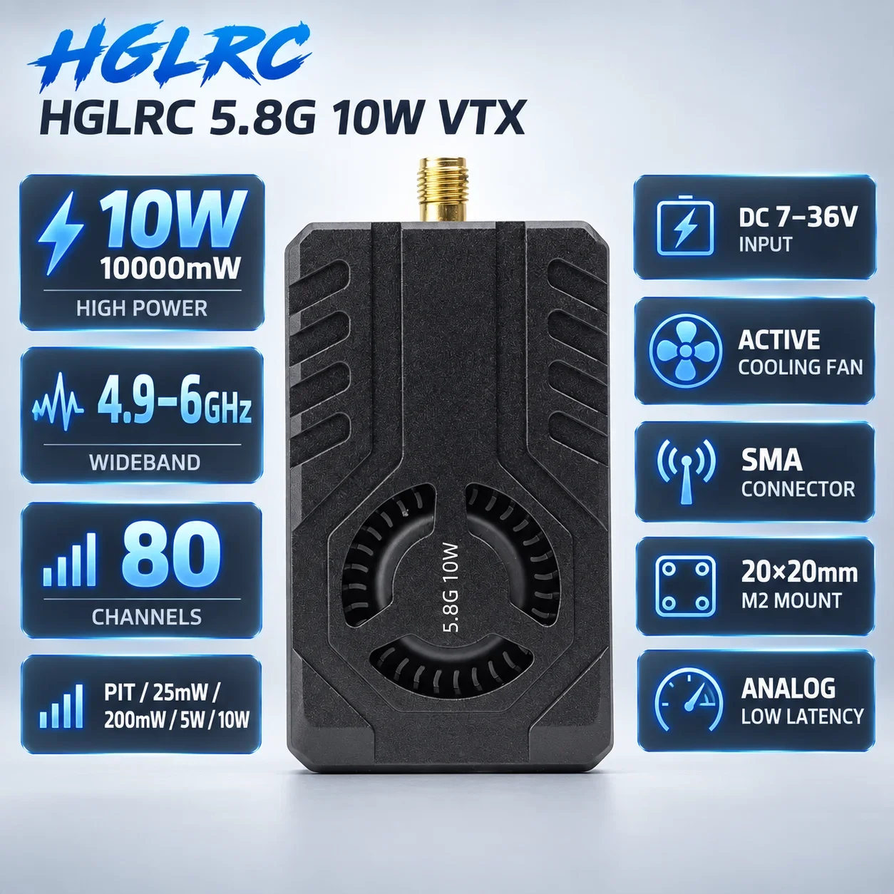 HGLRC 10W VTX 4.9-6GHz 80CH Analog FPV Video Transmitter 10000mW 7-36V SMA Cooling Fan for Long Range RC Drone Fixed Wing Module