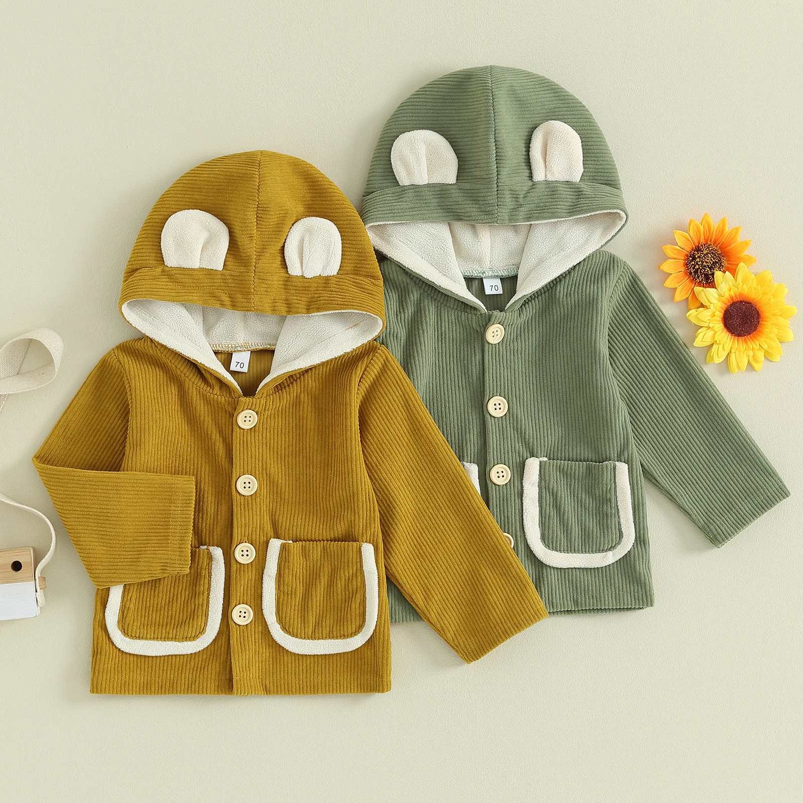 Kids Jacket, Long Sleeve Hooded Jacket Button Closure Patchwork Outwear Fall Clothes with Pockets