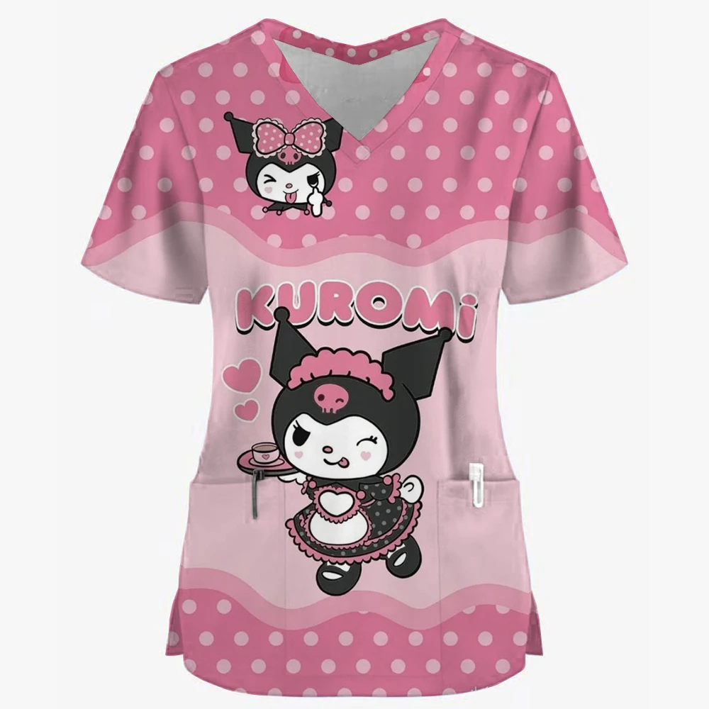 Kuromi Sanrio Hello Kitty Pocket Woman Clothing Summer Cartoon Women T-shirts T-shirt Nurse Uniform V Neck 3D Print Hospital New