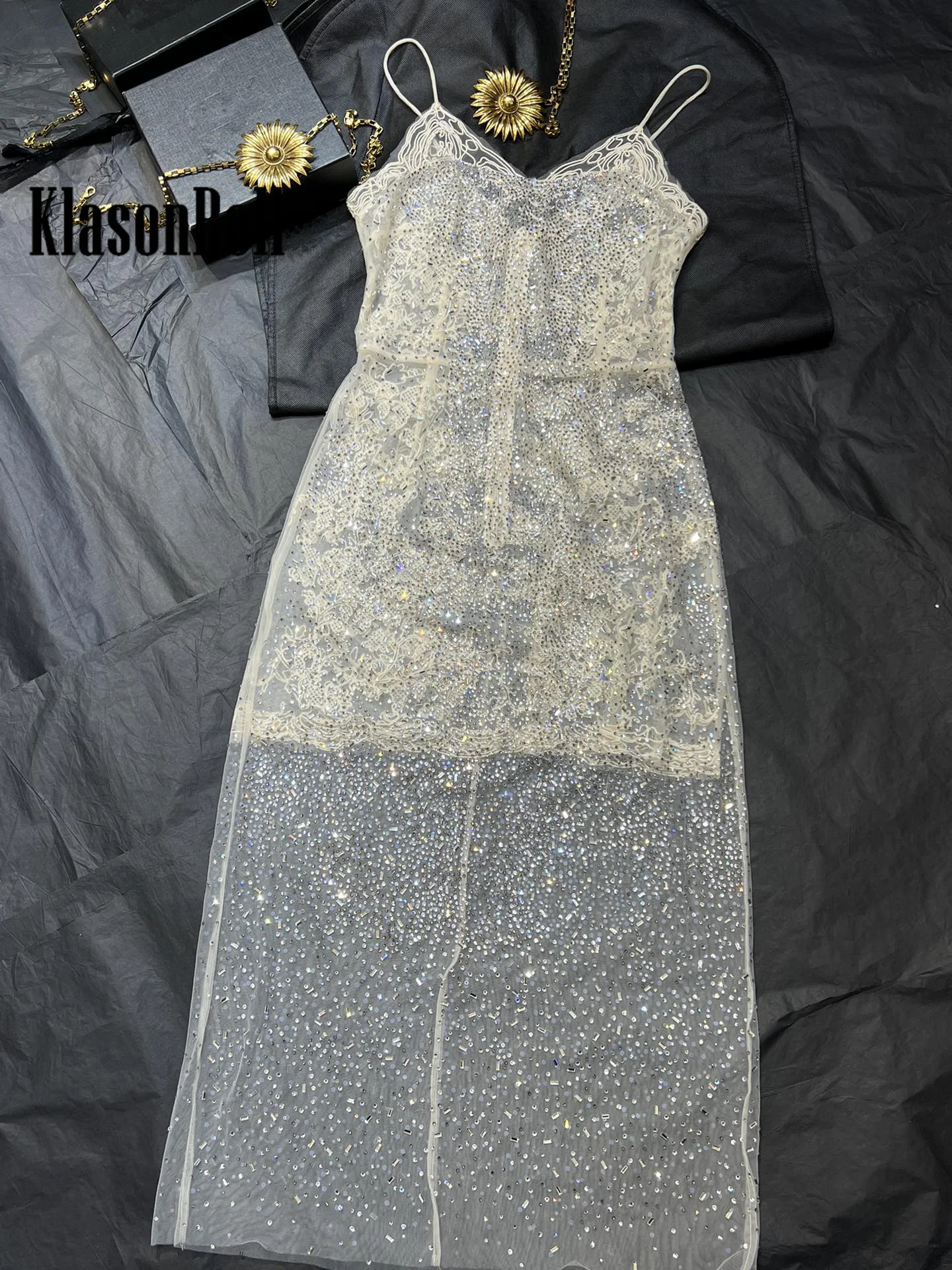 3.27  KlasonBell Luxury Temperament Embroidery Print Hand Beading Diamonds CryStal Sexy Spaghetti Strap Mesh Maxi Dress