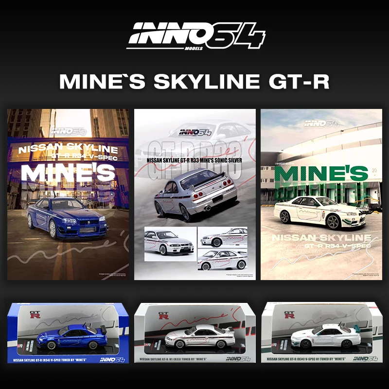 

INNO In Stock 1:64 Skyline GTR R34 V Spec Tuned Mine`s Blue R33 Diecast Diorama Car Model Collection Miniature Toys