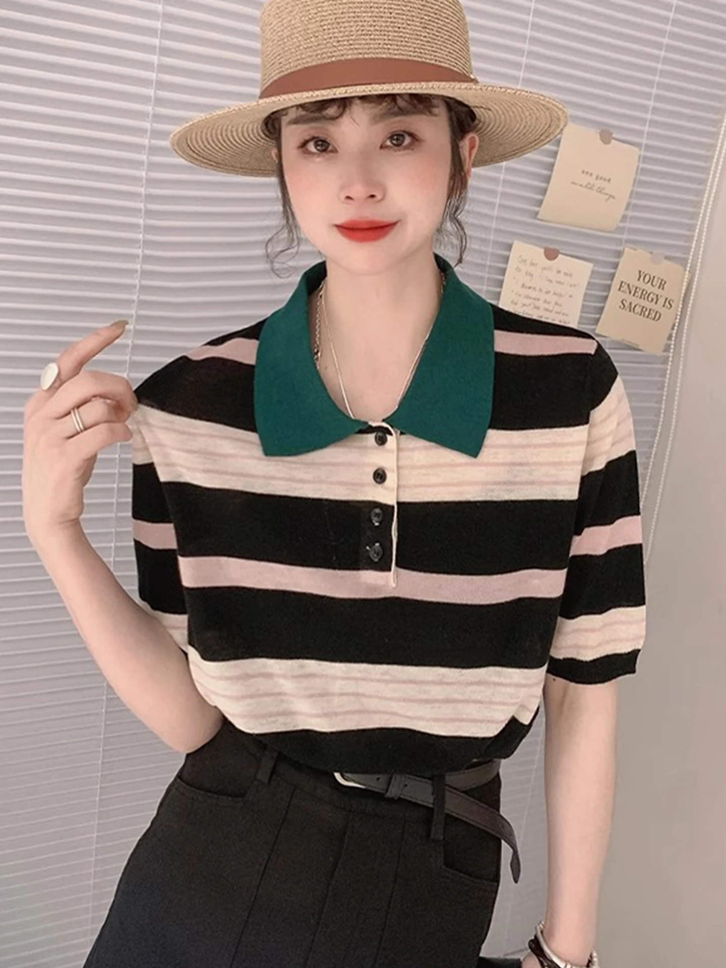 Blusa de Verano de Estilo Coreano Hoada, de Punto, con Cuello , Manga Corta, Diseño Color Blo, Csa Informal Única ...