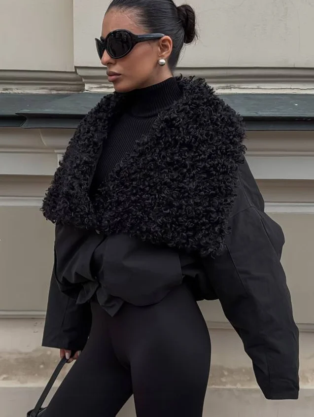 Laur Women Oversized Curly Faux Fur Collar Short Jacket Loose Lapel Winter Warm Streetwear Single Breasted Outerwear for Ladies