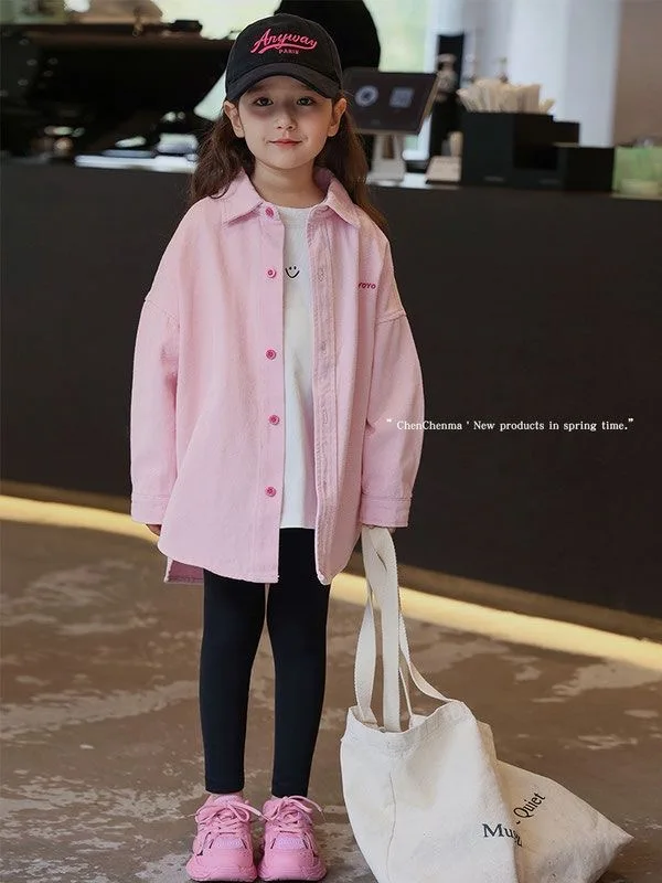 2024 Spring and Autumn Pink Soft Denim Pure Cotton Shirt Girl's Denim Top Coat Trendy Children's Spring and Autumn Clothing