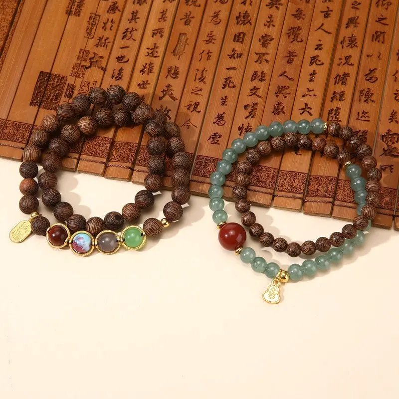 Imitation , new Chinese style, mountain half water agarwood fortune charm, double-loop beaded bracelet for