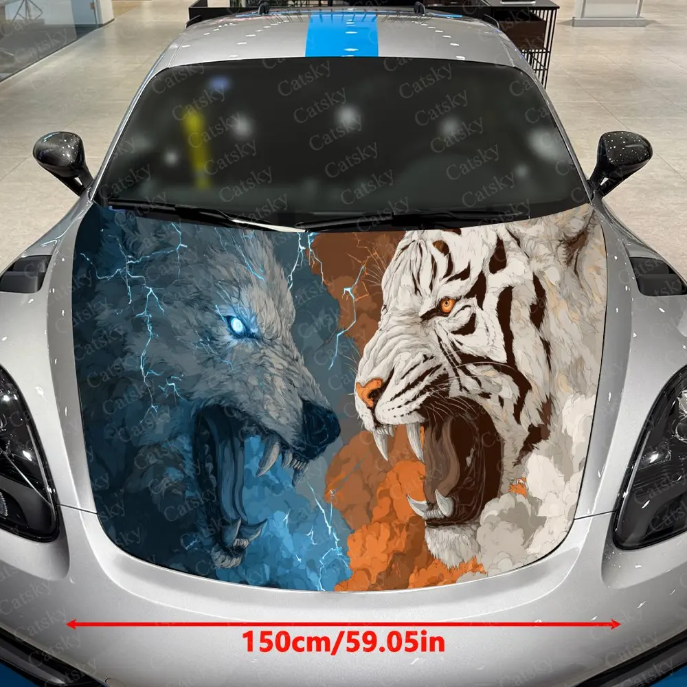 Striking Lightning Wolf Tiger Car Cover Decal, Auto Hood Sticker, Waterproof and Self-adhesive Auto Vinyl Wraps, Cool Car Exteri