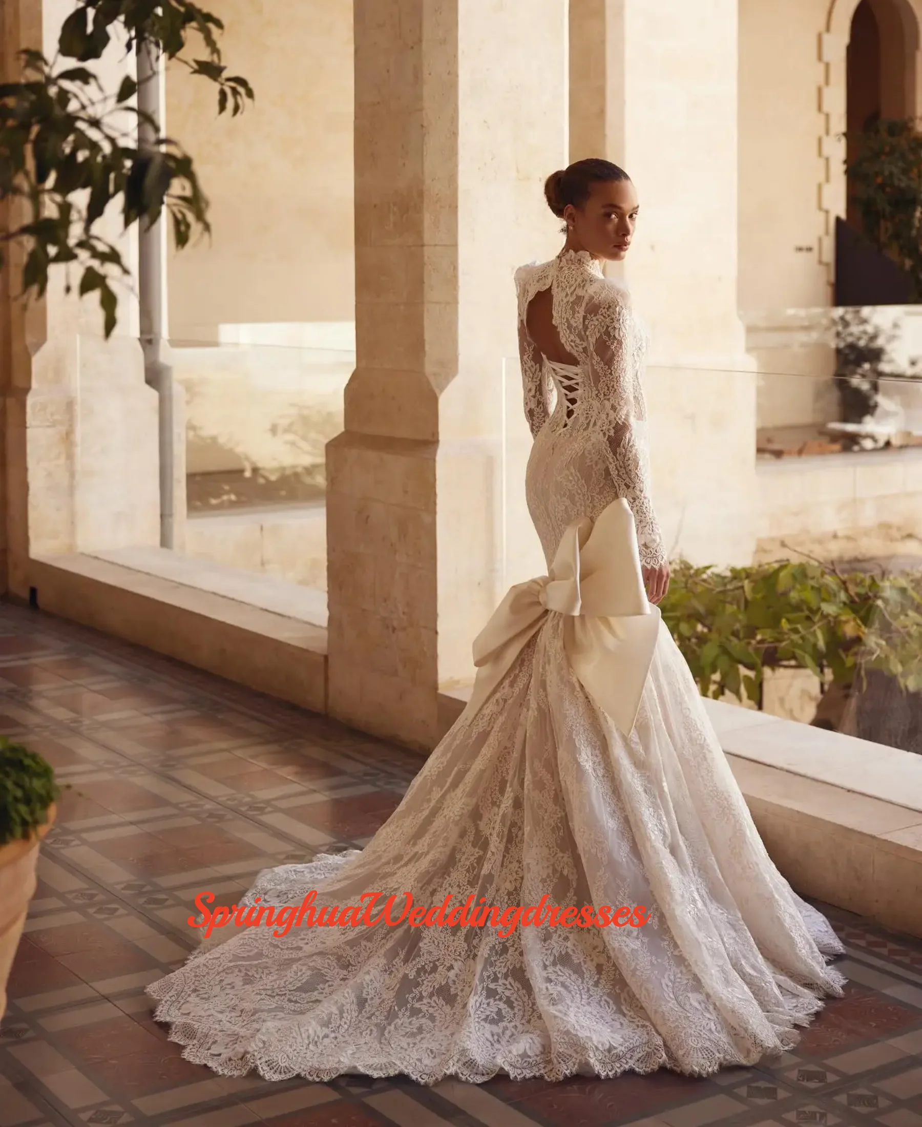 Customzied Manga Larga Cuello Alto Encaje Sereia 2 En 1 Vestidos Wedding Dress Boda Women Vestido de novia