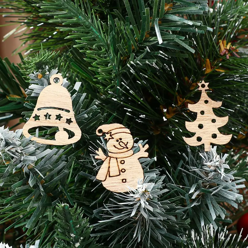 50Pcs Wooden Wall New Year Xmas Tree Hanging Ornament Christmas Party Decorations Cartoon Wood Chip Snowman Snowflake Gift Decor