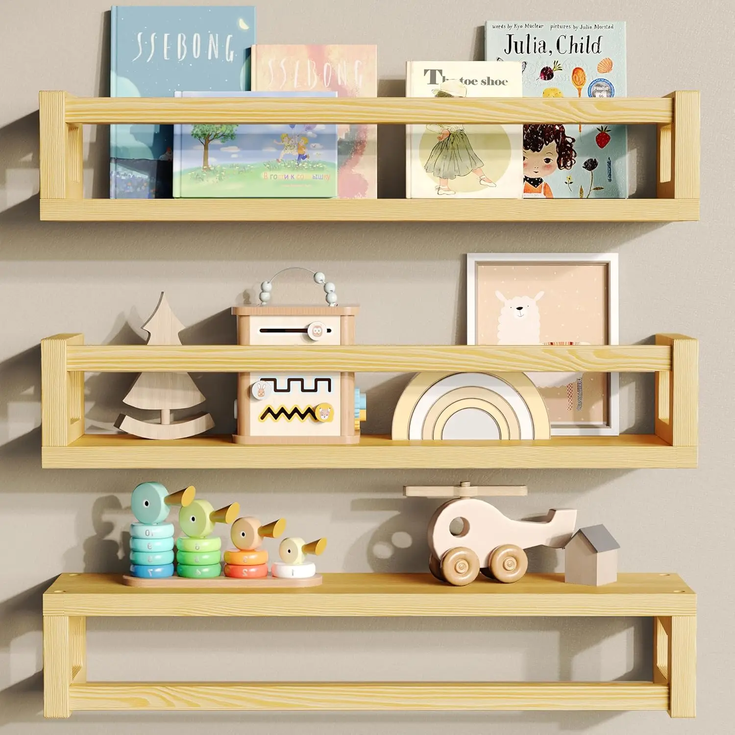 

Upgraded Thick Floating Shelves - Multi-Use Wall-Mounted Bookshelves for Kids and Nursery, Ideal for Books, Toys, Spice