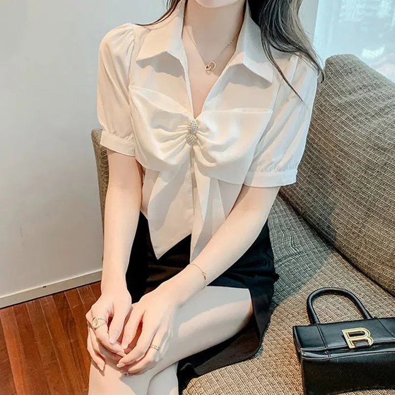 Temperament Bow Patchwork Shirt Tops Polo Neck Short Sleeve Solid All-match Youth Blouse Sweet Fashion Women Clothing Summer New