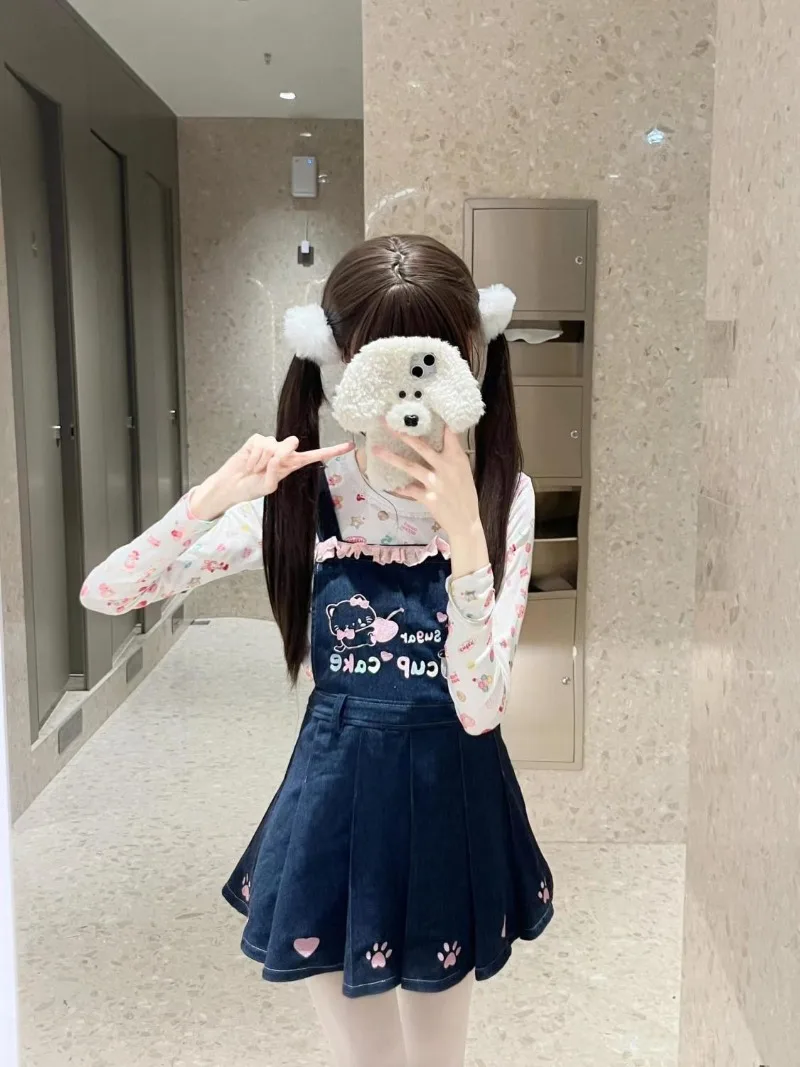 

Cute Kawaii Girl Age Reducing Long Sleeved Lace Patchwork O-Neck Slim Print Top Shoulder Straps Waist Cinching Skirt Sets Summer