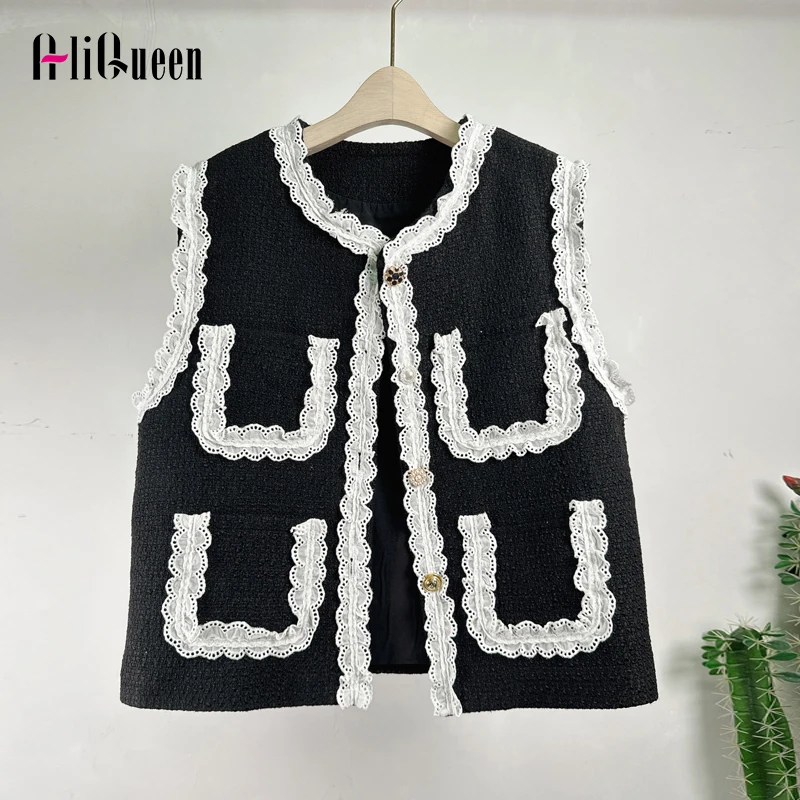 

Fall Spring Women Black Single-Breasted Lace Patchwork Pockers Vest Coat Female White Small Fragrant Style Loose Waistcoat Tops