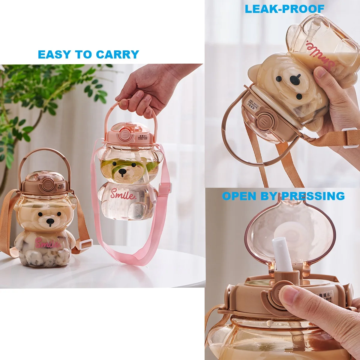 1000ml Bear Kawaii Water Bottle with Straw and Strap, Cute Water Bottles for Kids, Portable Leakproof BPA-free Drinking Cups