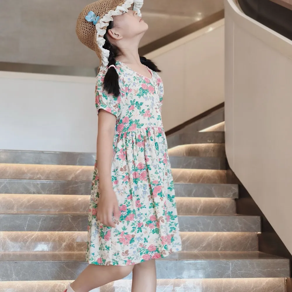 

Платье для девочек с цветочным принтом, в стиле «сладкий отдых», с короткими рукавами, модное платье для пляжа, детская одежда для девочек