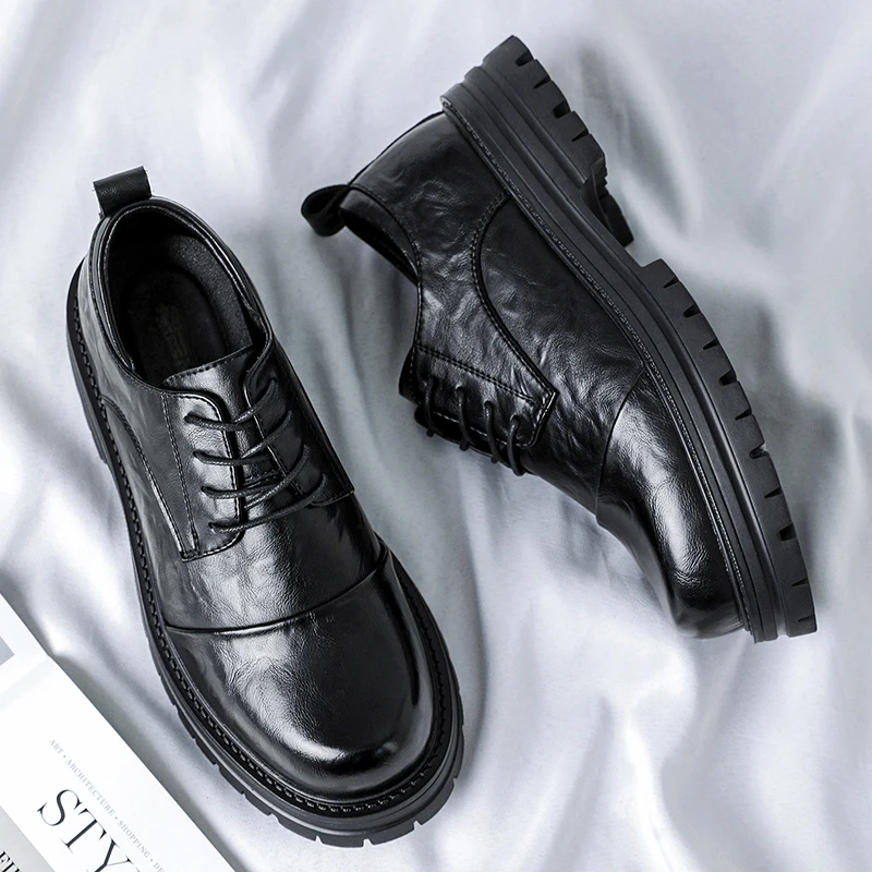 Spring  Autumn New Men Thick Bottom Business Three Thread Head Height Increasing Anti Slip Fashion Shoes