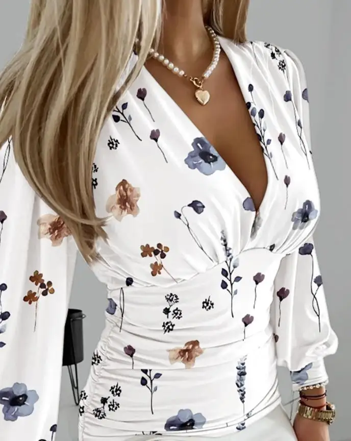 花柄ディープ V ネックランタンスリーブブラウスカジュアルシャーリングトップ女性のエレガントなルーズフィット長袖ブラウス