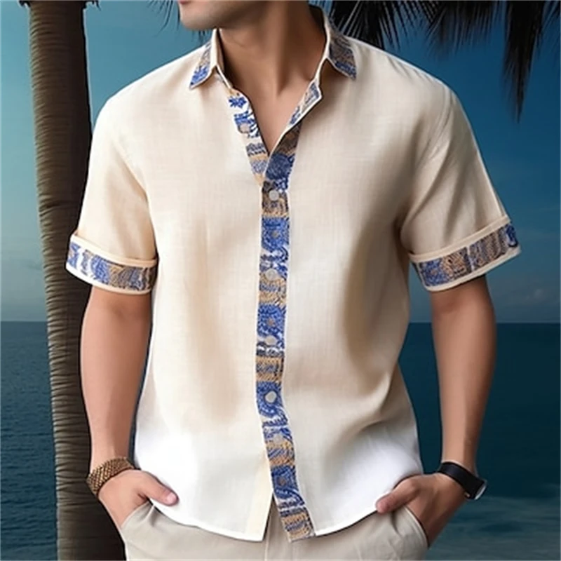 Summer fashion new men\'s short-sleeved shirt solid color cuff placket pattern printing men\'s lapel top loose and comfortable shi