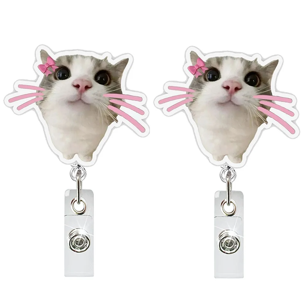

2pcs Unique Funny Cat Keychain Memes Series Portable Cat Bag Pendant Telescoping Decorative Retractable Badge Holder Worker