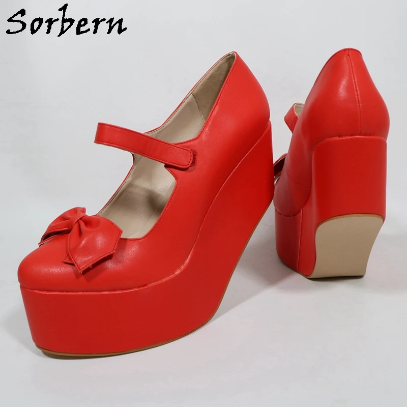 Sorbern Red Mary Jane Women Pump Heelless Shoes Platform Bnowknot Round Toe Unisex High Heels Large Size Eu47 Fetish Shoes