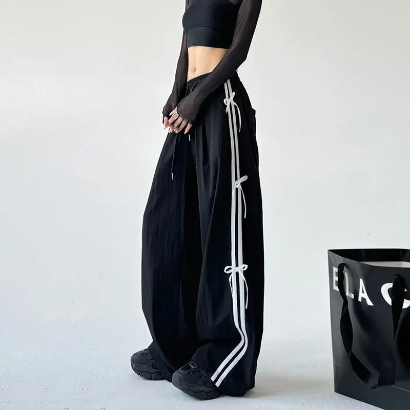 XIZOU American Style Retro Side Stripe Knot Dstring Wide Leg Pants Women High Waist Casual Sports Trousers Workwear Straight